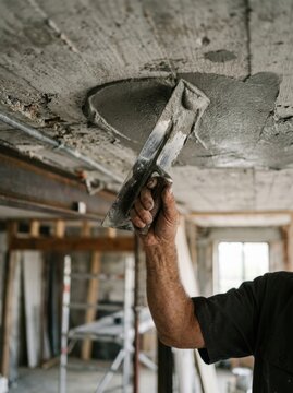 Man plasterer using metal trowel for finishing concrete ceiling. Construction worker applying mortar layer on surface. Professional renovation, home improvement and building site work.