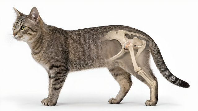 Cat hip dysplasia anatomy with early feline hip osteoarthritis, photorealistic veterinary medical image showing pelvic joint degeneration for pet owner education and animal health websites