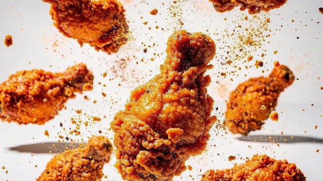 Crispy fried chicken drumsticks exploding in slow motion with golden crumbs flying deliciously