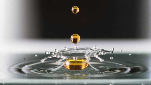 Close-up macro de gota dourada de azeite caindo na &aacute;gua, criando ondula&ccedil;&otilde;es circulares e um splash elegante sobre fundo escuro minimalista. Imagem conceitual de alimento, l&iacute;quido e movimento