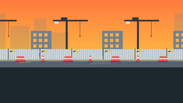 Seamless Animation Loop of a Construction Site with Cranes, Buildings, and Traffic Cones under an Orange Sky