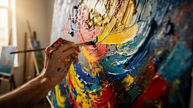 An artists hand covered in colorful paint delicately brushes thick vivid strokes on canvas