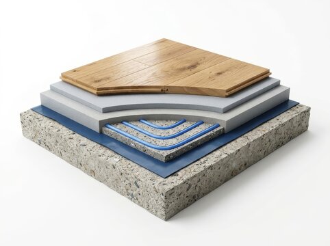 Cross section layer of floor structure with wooden parquet and underfloor heating system. Visualization of home thermal insulation and construction technology for building renovation.