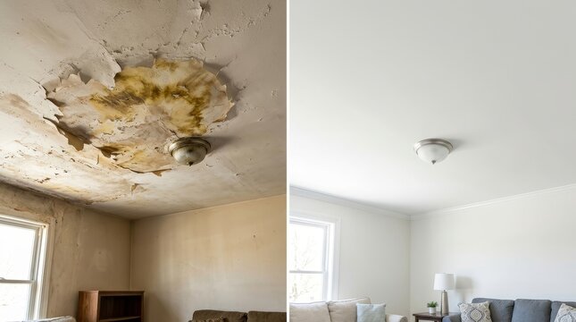 Ceiling before and after renovation showing water damage repair. Comparison of damaged plastered surface and fresh painted interior. Home improvement, construction and maintenance project.