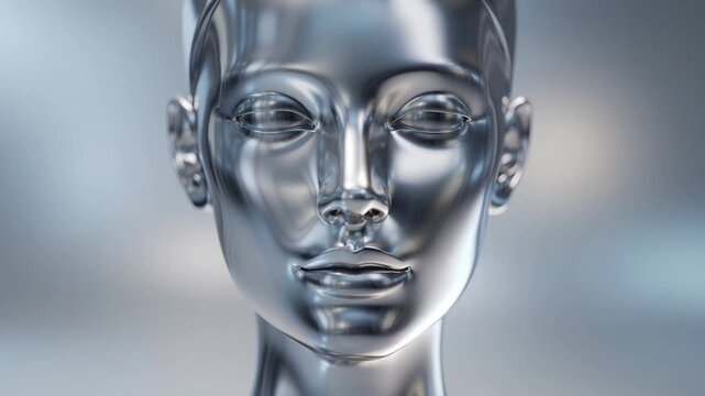Serene sleek silver metallic face reflecting ambient light with calm emotionless expression