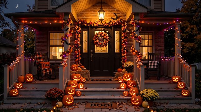Festive helloween porch decor jack o' lanterns autumn wreaths spooky curb appeal