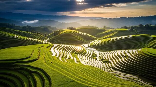 Lush Green Rice Terraces at Sunset - A Breathtaking Landscape.