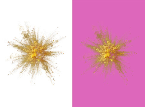 An explosive burst of golden dust or powder particles scattering in the air, shown against a white background, and a solid, isolated on a transparent background