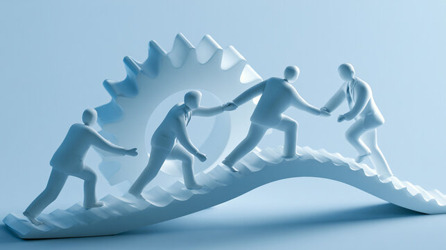 A conceptual representation of teamwork and collaboration, showcasing figures ascending a gear-shaped path, symbolizing progress and mutual support in the business environment.
