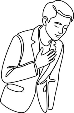 Continuous line drawing of a polite young man bowing.