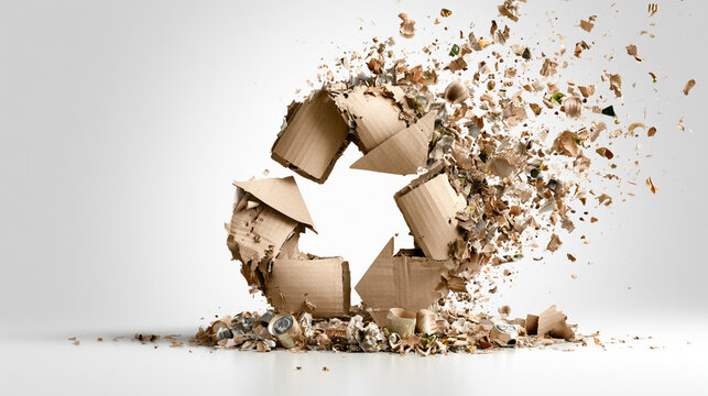 A dynamic representation of environmental consciousness featuring a breaking recycling symbol made of cardboard, symbolizing the importance of sustainability and waste reduction.