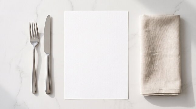 Clean flat lay menu mockup featuring blank paper, silver cutlery, and folded napkin on a neutral background. Ideal for restaurant branding and menu presentations.