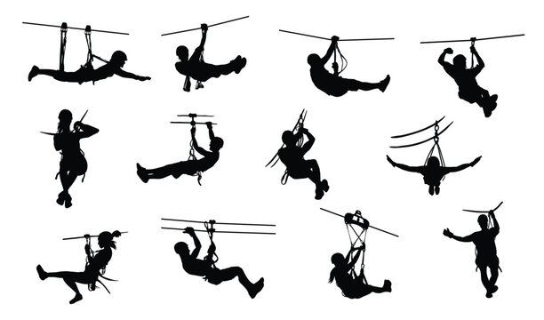 Zipline silhouettes on a white background collection of adventure sport figures