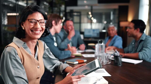 Pride, face or woman in boardroom with tablet, wealth advisor or about us as asset manager. Laugh, meeting or finance consultant in office with tech, budget analyst or confidence in risk management.