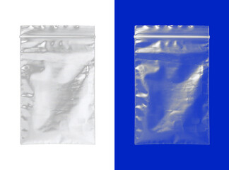 Clear resealable plastic bag with a zipper closure, shown on white and blue backgrounds to highlight the transparent and thin isolated on a transparent background © Design Planer