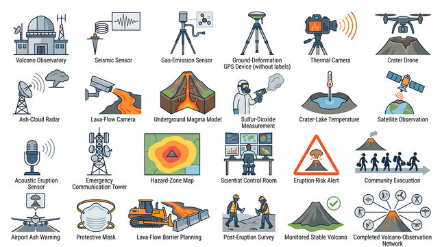 Comprehensive Set of Volcanic Monitoring and Geological Disaster Prevention Equipment Icons