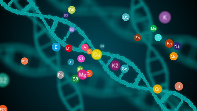 DNA biology and molecular particle vitamin and mineral science, health wellness life, metabolism nourishment technology