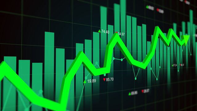 Green arrow rising uptrend on stock market exchange display showing financial growth volume bar and number price, business profit, value increase, and investment performance report concept