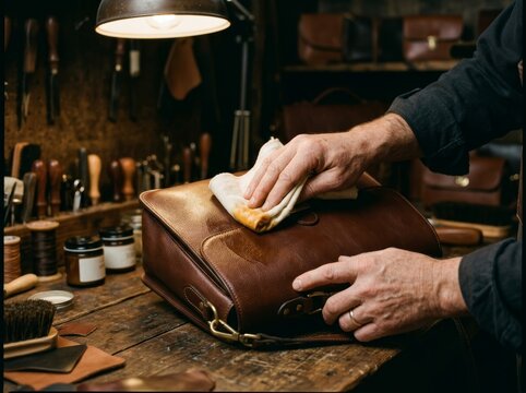 Leather craftsman cleaning brown leather bag with cloth in workshop. Man working on handmade goods. Artisan polishing professional accessory. Traditional skill and leathercraft concept.