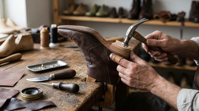 Cobbler using hammer to attach heel to leather boot at workbench. Small business shoemaker crafting footwear in workshop. Traditional craftsmanship, handmade bespoke shoe repair process.