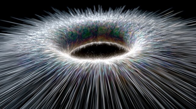 Iridescent Fibrous Particle Vortex Tunnel Dark Space 3D Art, Futuristic Flow Abstract Backdrop for Tech Conference Slides, Digital Product Launch Banner Templates