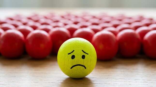 Solitary neon yellow wooden sphere with sad face expression stands out sharply against blurred background of identical red wooden spheres.