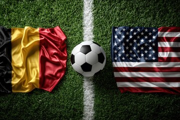 Fototapeta premium Dramatic Top View of Soccer Ball Between Belgium and USA Flags on Turf