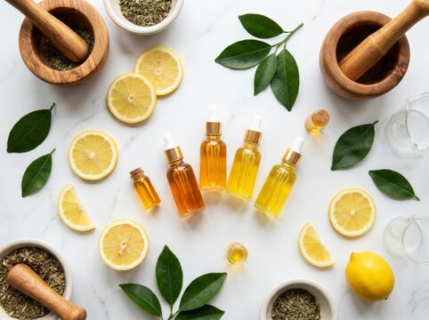 Essential oil bottles with lemon slices and herbal mortar on marble surface. Natural cosmetic skincare product with organic extract for wellness, aromatherapy, beauty treatment concept.