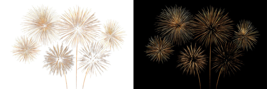 Glowing golden fireworks with sparkling pyrotechnic bursts for holiday celebration and festive events