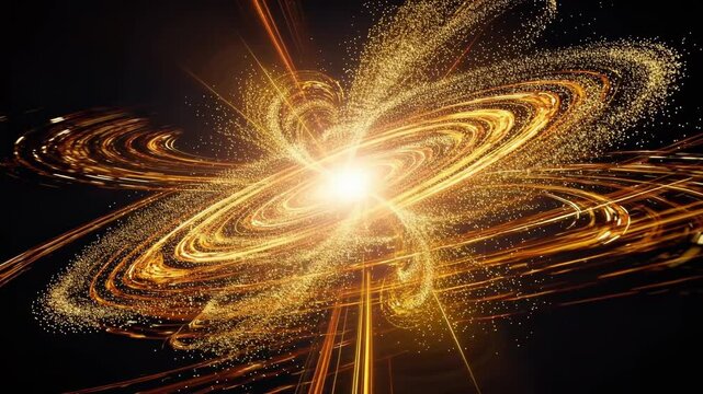 Glowing vortex of golden particles spiraling and pulsing vibrantly in deep space animation