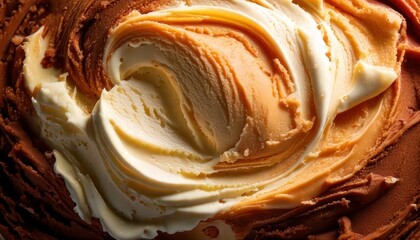 Close-up Swirls of Creamy Chocolate and Vanilla Ice Cream Texture.