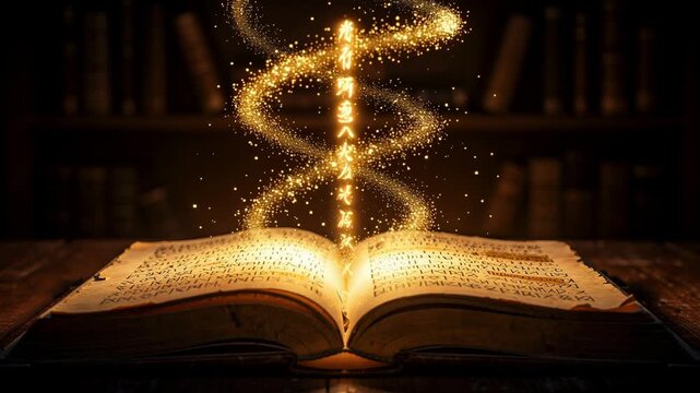 Glowing ancient magical book opening on wooden table with golden runes rising in mystical light
