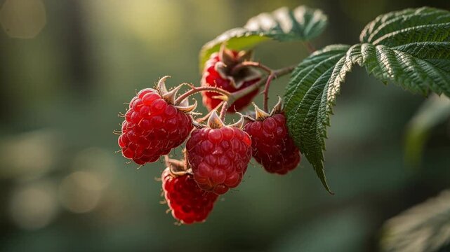 Sunlight filtering gently through green leaves on ripe raspberries glistening with morning dew in nature