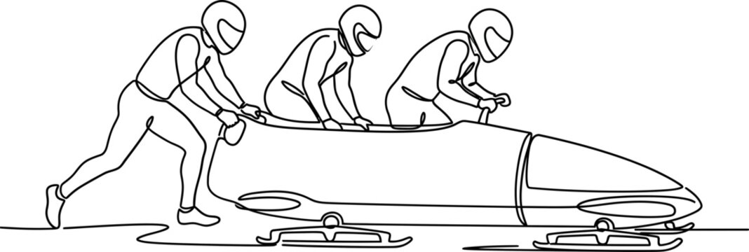 Continuous line drawing of bobsleigh team pushing sled.