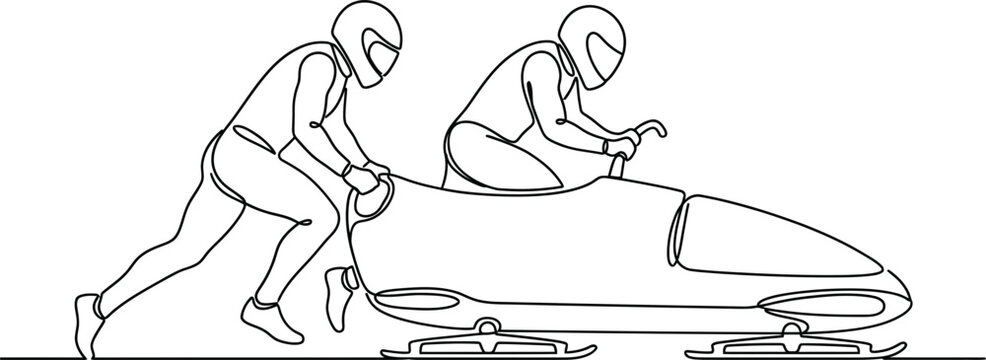Continuous one line drawing of a bobsleigh team pushing their sled.