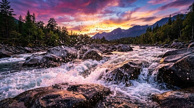 Splashing river rapids captured in freeze-motion crashing over smooth rocks, splashing water catching vibrant purple and gold sunset hues.