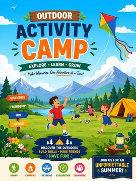 Summer camp registration poster illustration with happy kids - ai generative