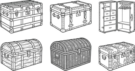 Collection of vintage and antique travel trunks and storage chests detailed line art illustrations perfect for historical themes or decorative element © Anam