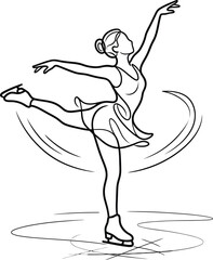 Continuous line art illustration of a graceful female figure skater performing a spin on ice. © gunko