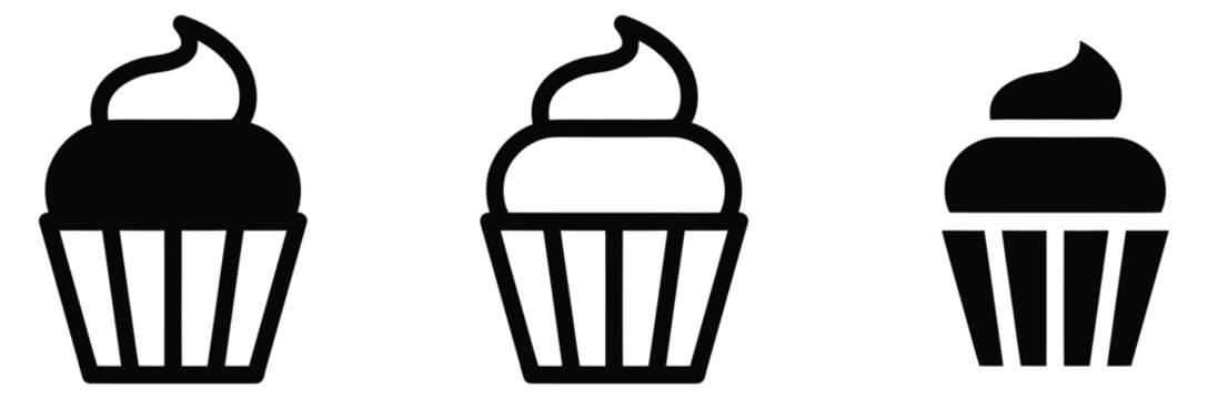 Sweet cupcake icon vector set with delicious cream muffin frosting symbol for bakery shop menu, birthday party celebration, dessert confectionery, and cafe food logo design.
