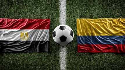 Naklejka premium Soccer ball positioned between the national flags of Egypt and Colombia on a green grass football field.
