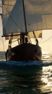 Vertical video: Sailing sloop wind filling sails, at sea, crew in coats trimming lines keeping pace