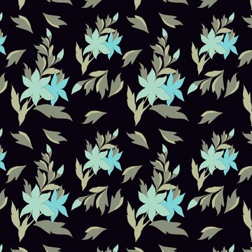 Modern botanical seamless print on black background.