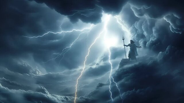 Fantasy, mysterious, wallpaper. A dramatic digital artwork depicts a figure standing atop a rocky outcrop, holding a trident. The figure wears a flowing robe, and the sky is filled with dark.