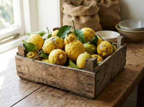 Organic lemons with green leaves in a rustic wooden crate on a kitchen table. Fresh harvested citrus fruit for healthy lifestyle and cooking. Natural ingredient for farmhouse diet.