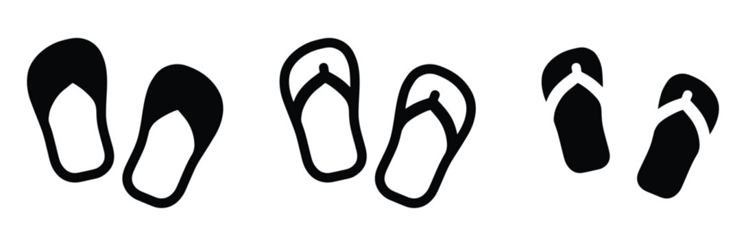 Flip flops pair icon vector set with beach slippers or summer sandals symbol for tropical vacation travel, casual footwear fashion, and swimming pool holiday concept design.