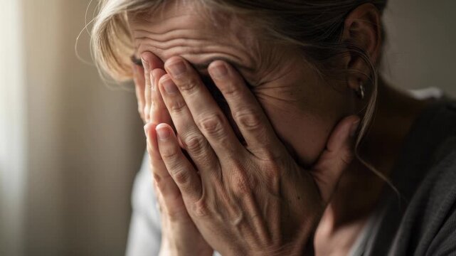 Emotional woman overwhelmed with feelings covering her face with hands close up expression
