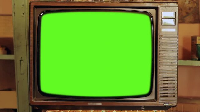 Old Television Set Cabinet With Green Screen For Video Customization - Zoom In - 4K