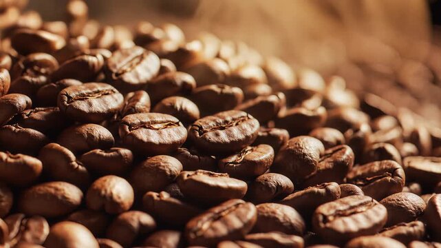 Close up view of roasted coffee beans with warm lighting and detailed texture
