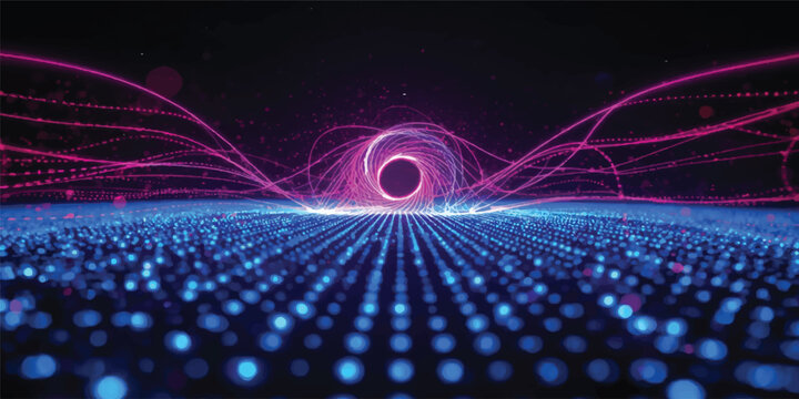 Abstract Binary Code Digital Background with Glowing Blue and Purple Light Waves, Fractal Lines, Motion Energy and Futuristic Technology Pattern